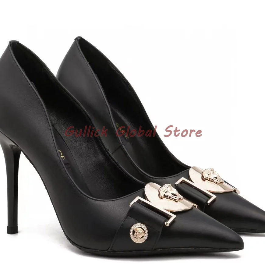 

2024 New Arrival Stiletto Pointed Toe Genuine Leather Shallow Metal Decoration Pumps Spring Summer Career Soft Height Increasing