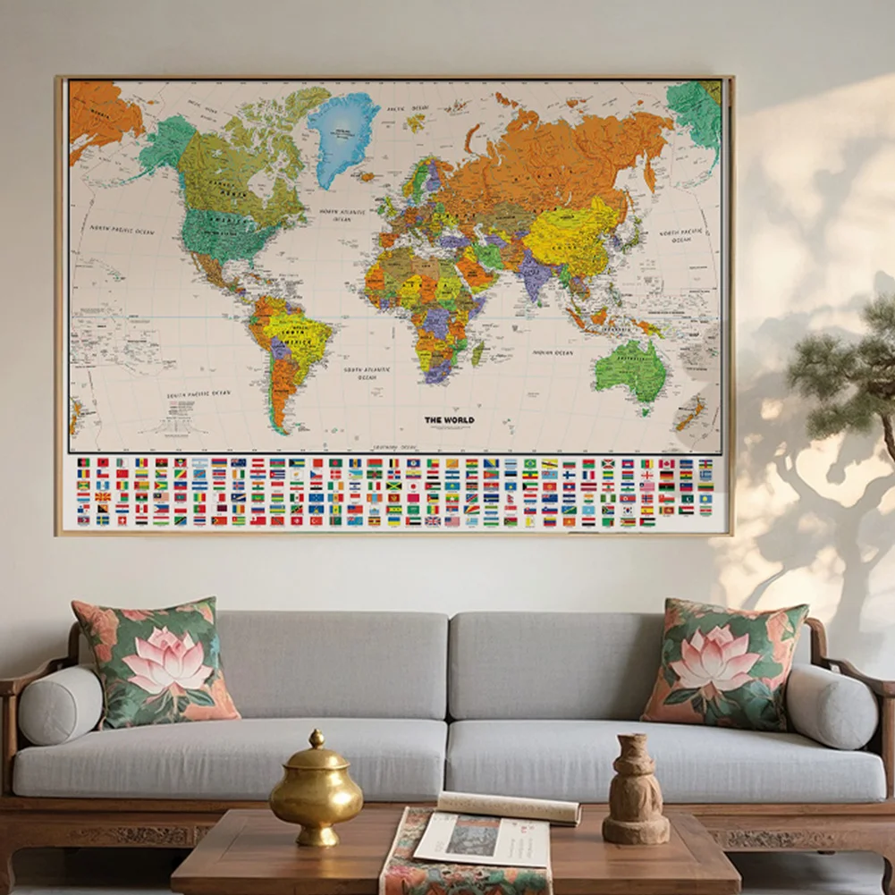 Mapa del mundo de 100x70cm, edición clásica, póster artístico de pared sin marco, pintura para el hogar y el aula, educativo para niños y adultos