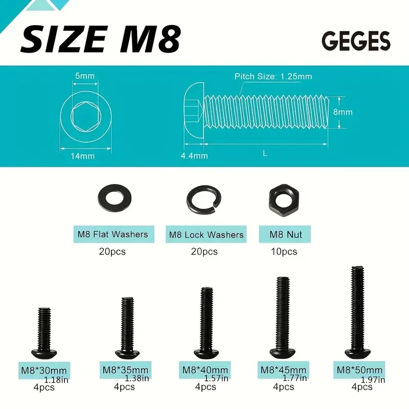70 pieces M8 x 30mm 35mm 40mm 45mm 50mm, round head sleeve screw bolt washer nut kit, 10.9 grade alloy steel.