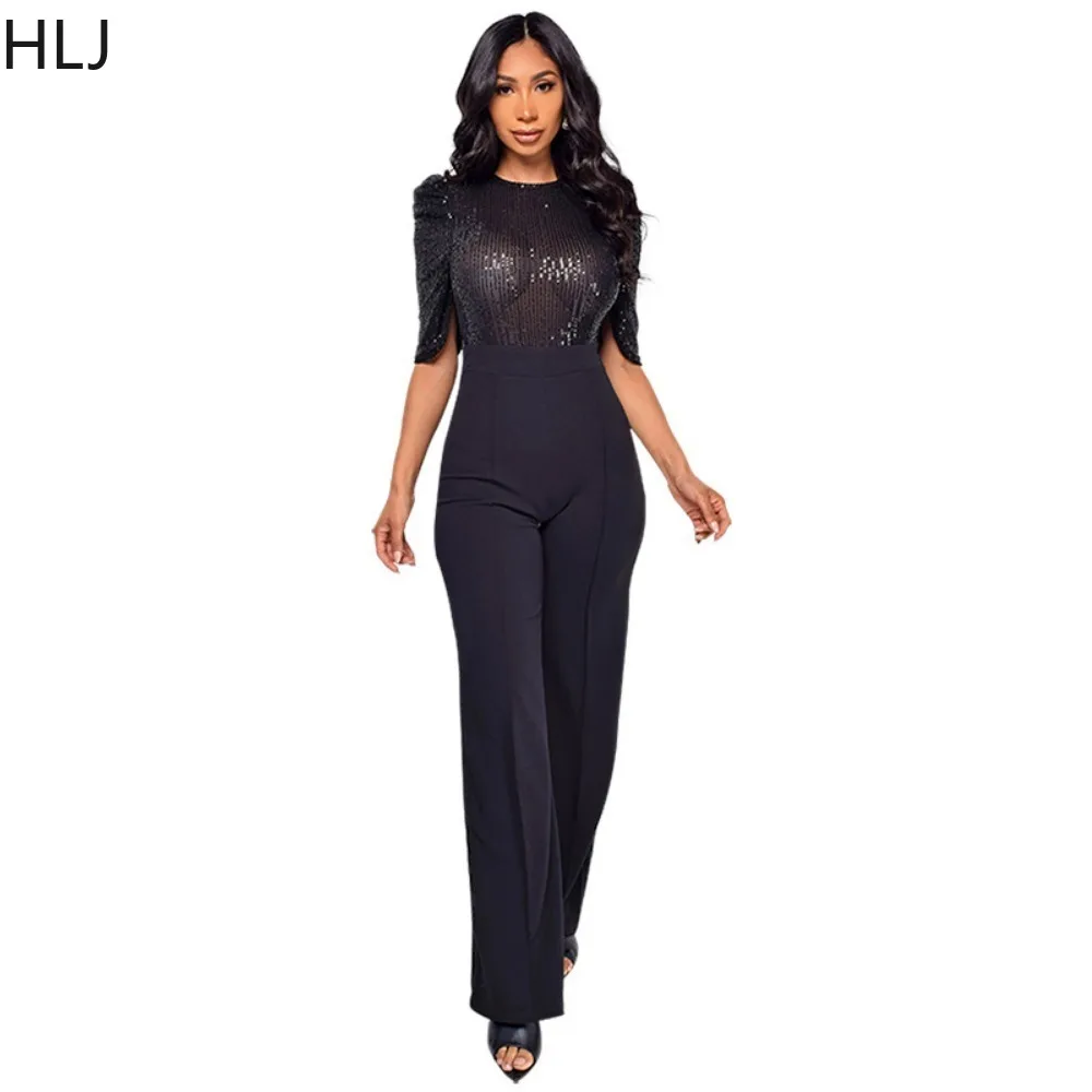 HLJ Elegant Office Lady Sequin Splicing Party Jumpsuits Women O Neck Short Sleeve Slim Straight Pants Playsuits Fashion Overalls