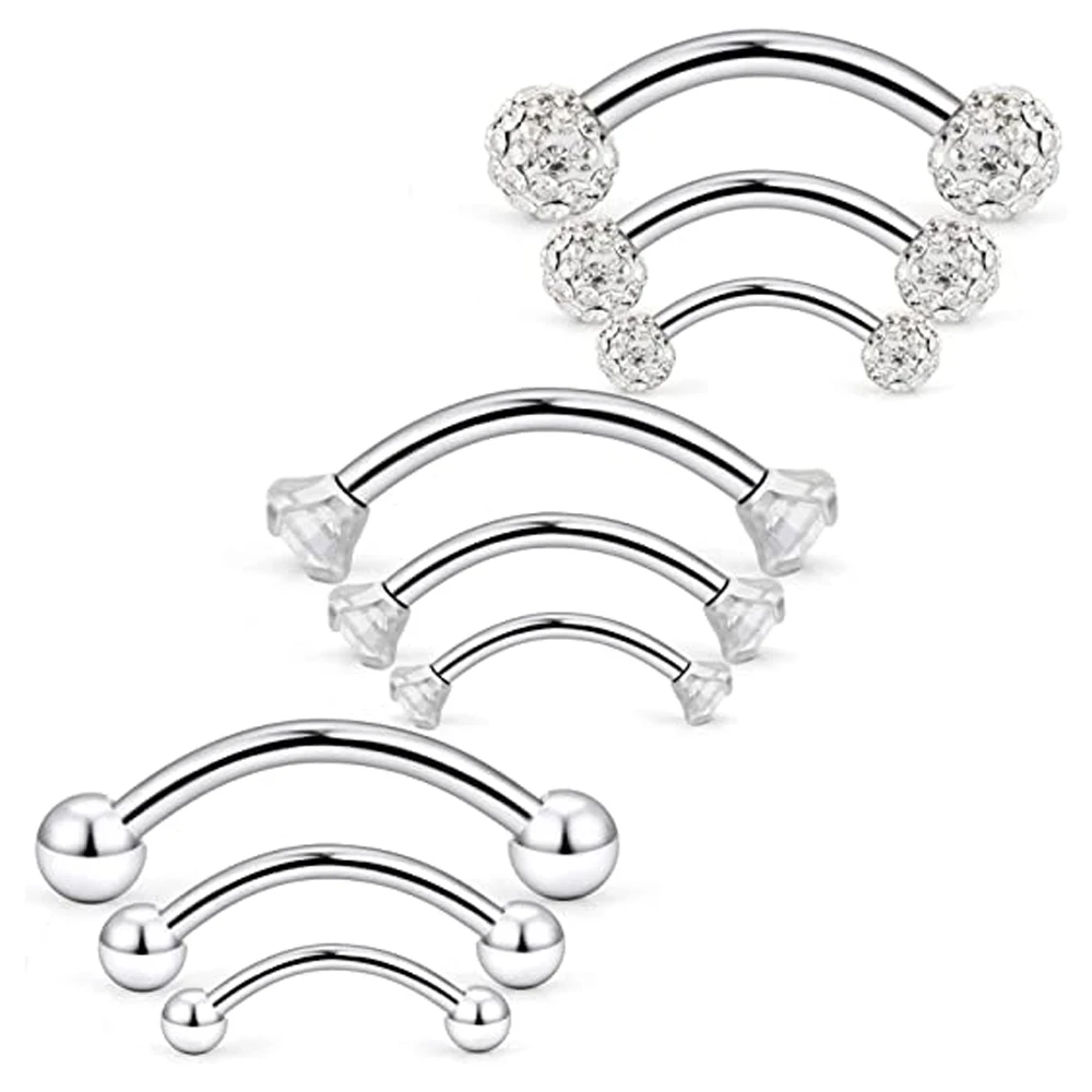 Eyebrow Barbell 16g Surgical Steel Rings With Clear Diamond Cz Curved