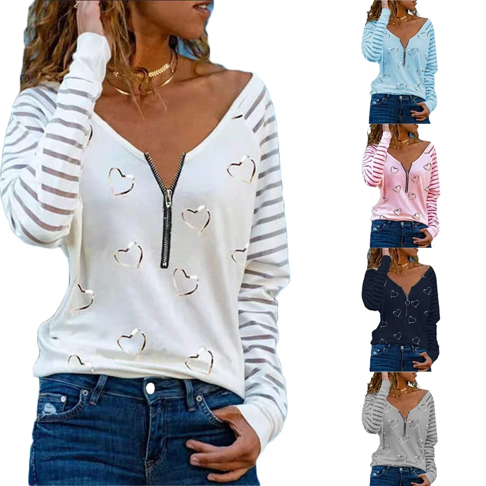 

2024 Spring Summer New Love Printing Zipper Long Sleeve Women T-shirt Fashion V-neck Female Top