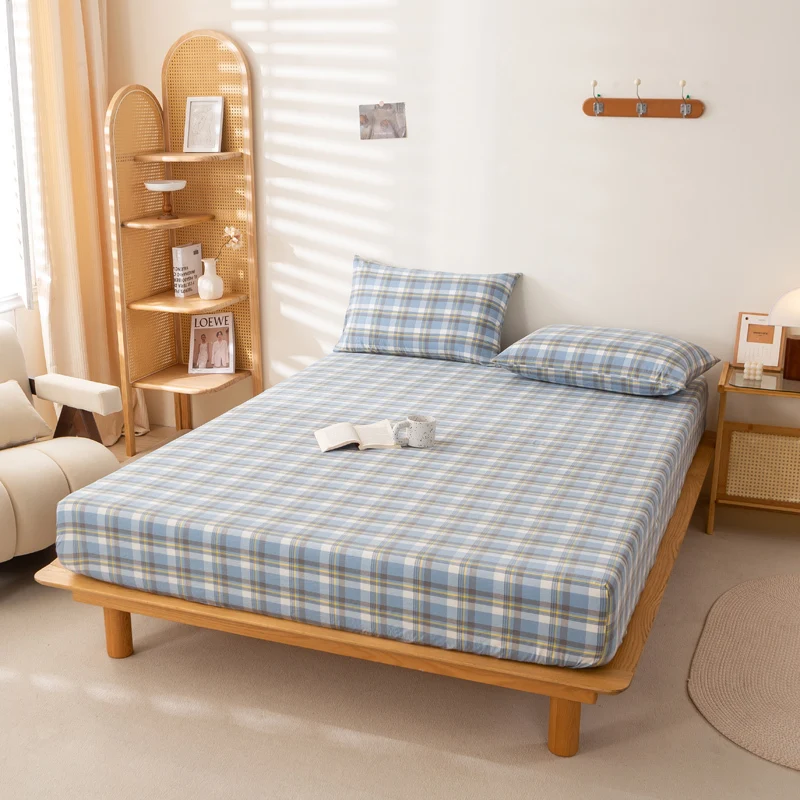 Mattress cover Japanese Style 100% Cotton Woven Fitted Bed Sheet With Elastic Couple Bed Linen Single Bedding Queen King Size 4