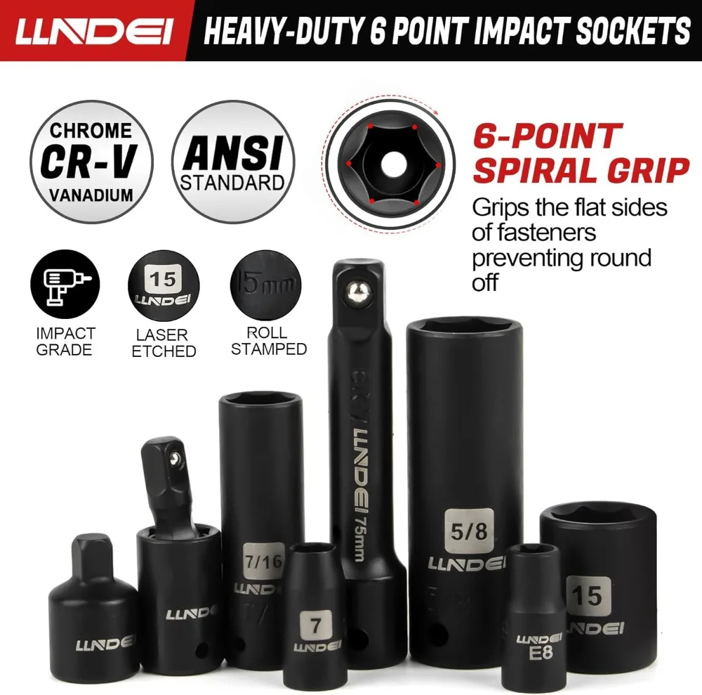 186-Piece Impact Socket Set, 1/4 & 3/8 Inch Drive, Metric and Standard Deep & Shallow Sockets with Ratchet Wrench