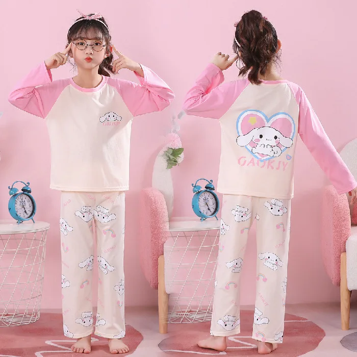 

Kawaii Sanrio/Детская Хлопковая пижама Cinnamoroll koomi Melody, тонкая Домашняя одежда с круглым вырезом, милый Весенний костюм, подарок для девочек