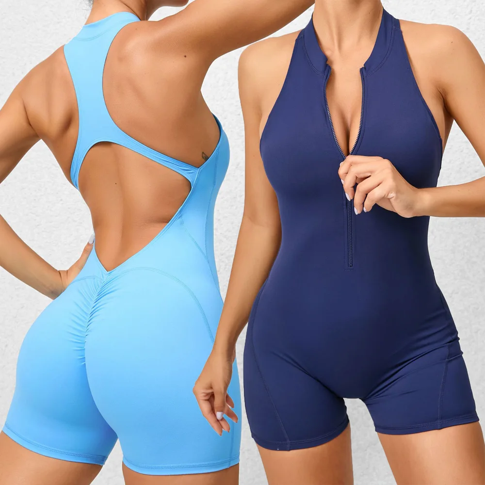 

BS Sportswear High-neck Front Locking Zipper Racerback Bodysuit Shorts With Removable Pads V Shape Back Design Workout Clothes