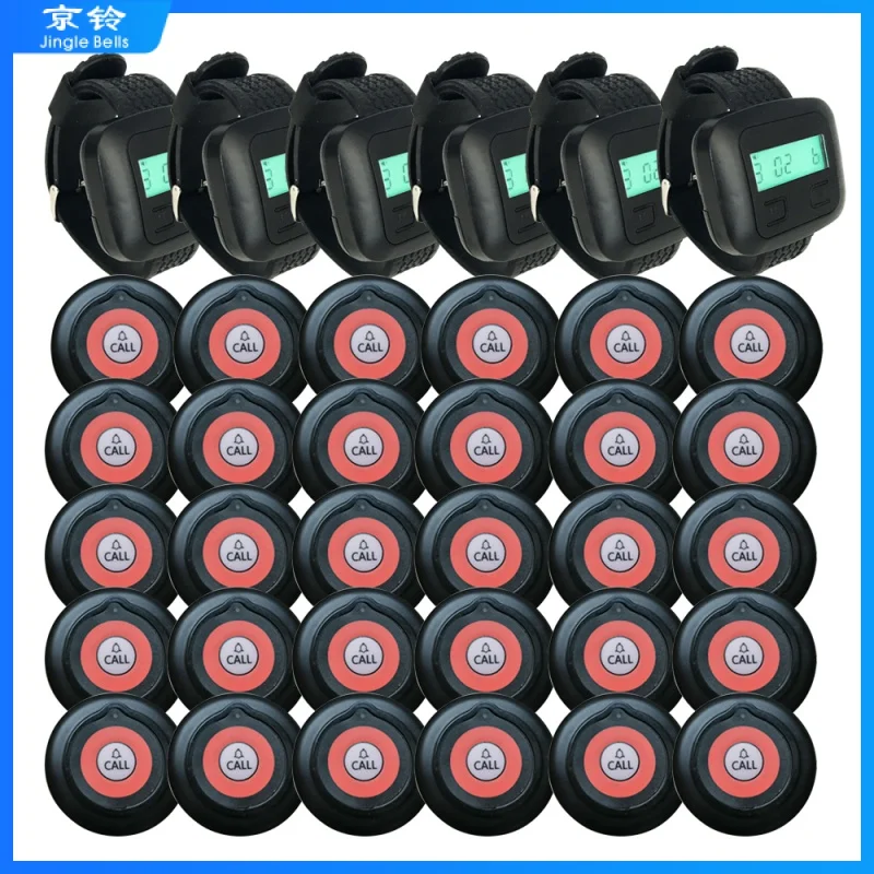 

Wireless Restaurant Calling System 6 Watch Receiver With Battery+30 Buttons Pager Frequency 433.92 For Cafe Office or Factory