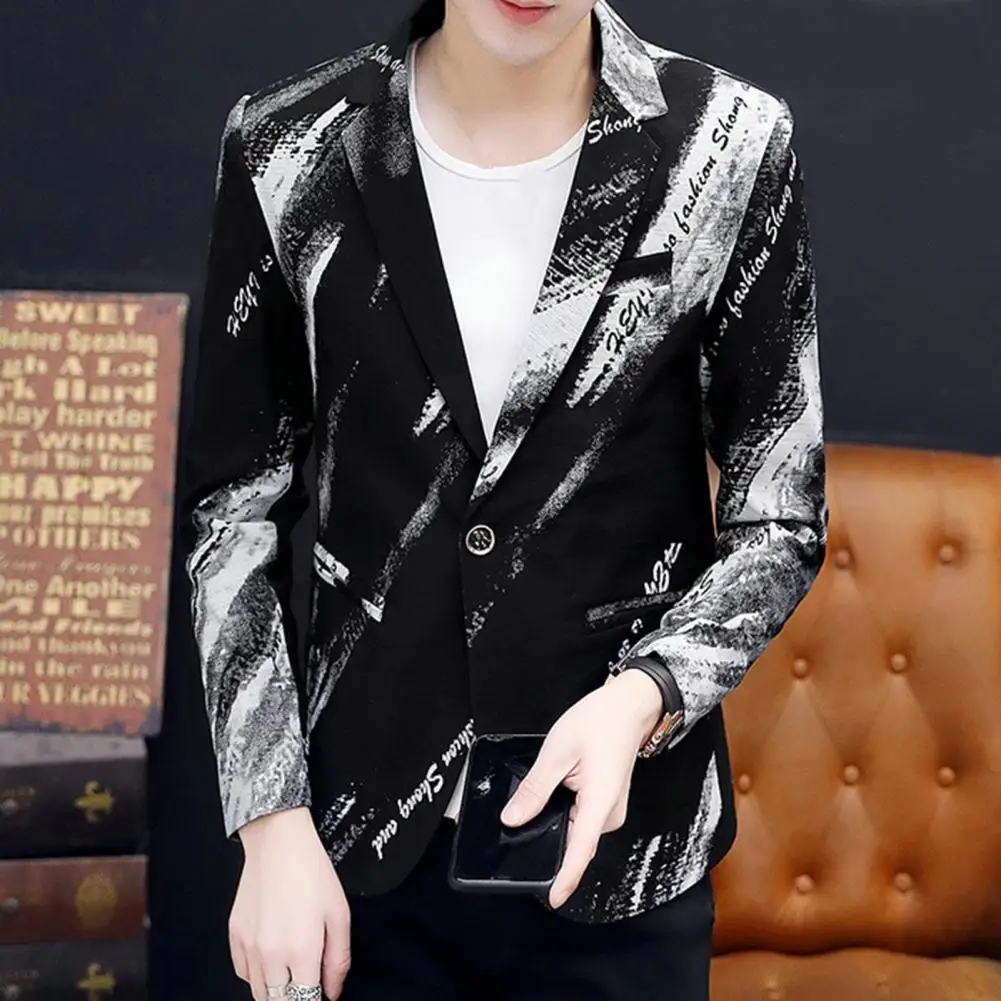 Men Jacket Long Sleeves Letter Print Dress-up Korean Style Men Suit Coat Garment