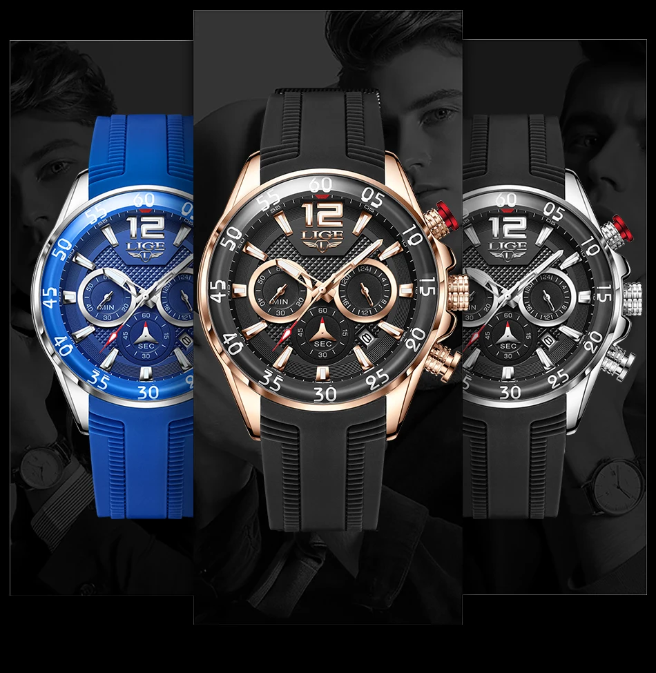 LIGE New Fashion Watches For Men Top Brand Luxury Waterproof Silicone Watch Men Casual Chronograph Quartz Men Watch Montre Homme