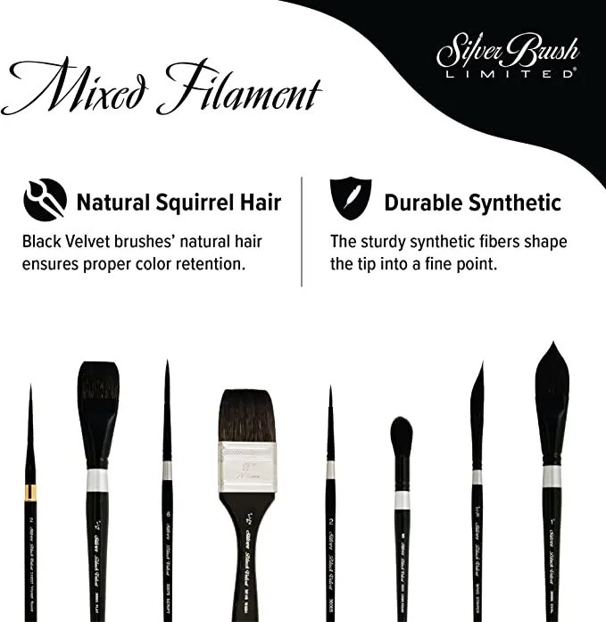 SilverBrush BlackVelvet Squirrel & Risslon Watercolor Brush 3008S Square Wash Watercolor Acrylics Gouache Painting Art Supplies