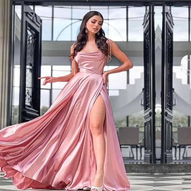 FATAPAESE A Line Blush Pink Long Prom Dresses for Women Open Back Sexy Side  Slit Spaghetti Strap Evening Party Dress Summer Gown - AliExpress