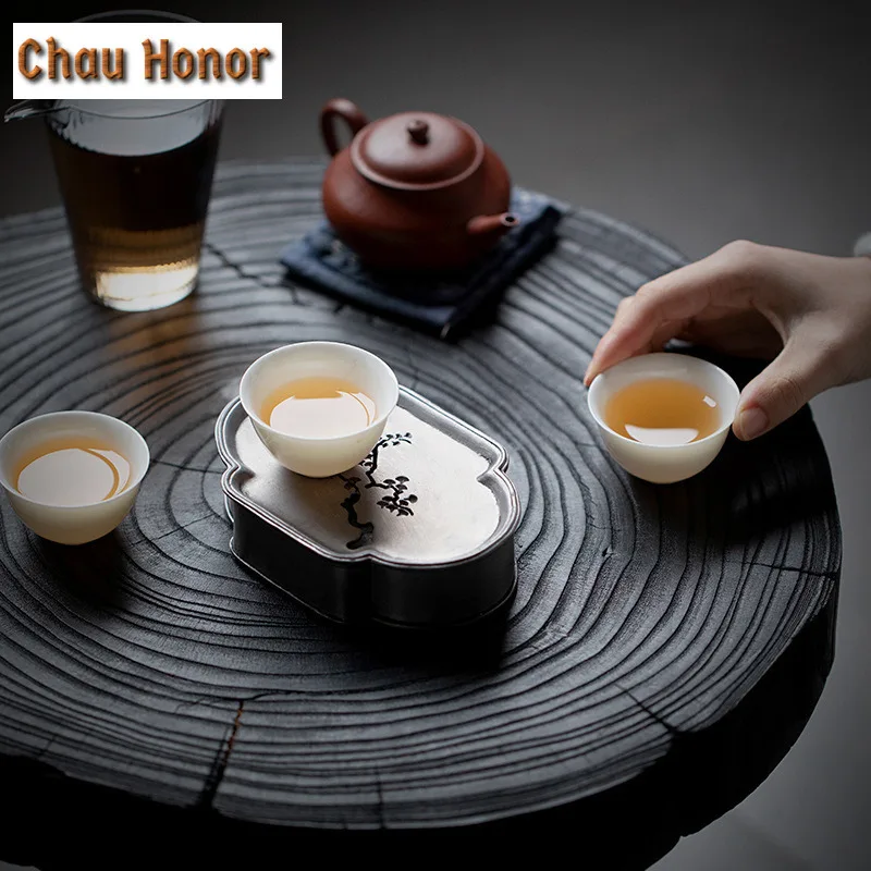 Japanese Teapot Dry Bubble Tray Household Tin Zen Gingko Small Water Storage Tea Tray Pot Raising Platform Tea Kung Fu Teaware