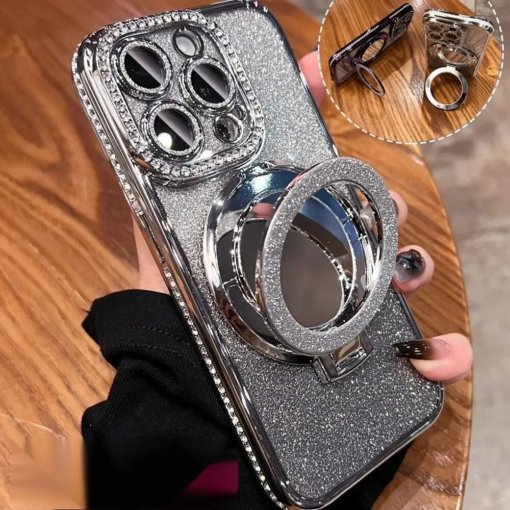 Suitable for iPhone promax edge diamond glitter phone case Apple 15 magnetic makeup mirror holder 13 sets 12_voghion.com