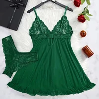 Ensemble de 2 chemises de nuit en dentelle pour femmes, vêtements de maison exquis, nouveaux pyjamas verts pour la nuit, robe de nuit transparente à fente, ensembles soutien-gorge et culotte à col en V 2