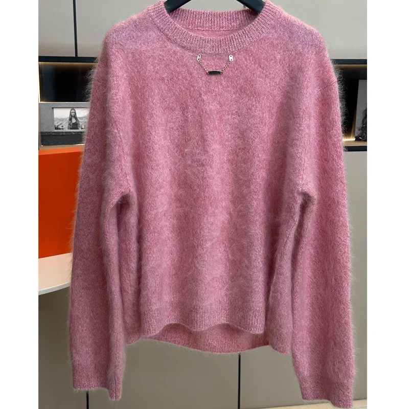 

High Quality 100% Cashmere Sweater Chic Chain Soft Comfort O-neck Knit Pullover Women Elegant Casual Plush Fashion Top Pink Grey