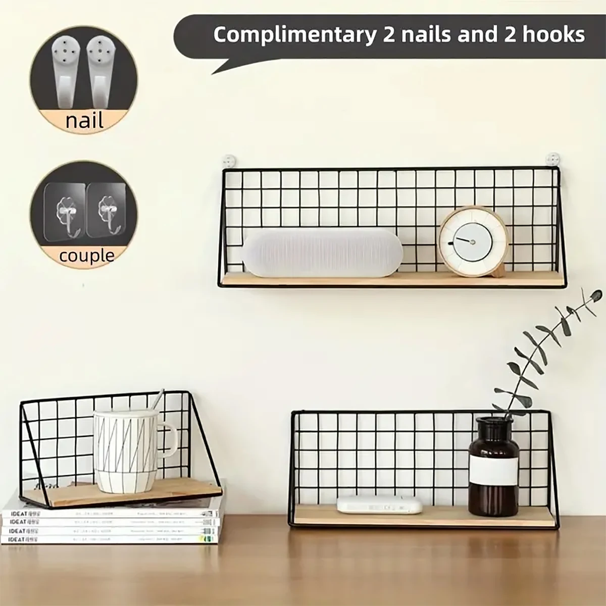 Description Picture 5 of itemFloating Shelves Wall Mounted Wood Storage Display Shelf with Metal Wire Basket Hanging Rack for College Drom Bedroom Bathroom