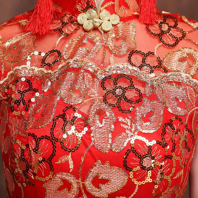 New Women Red Wedding Cheongsam Fishtail Dress Qipao Gold Embroidery Chinese Style Long Evening Dresses Party Costume