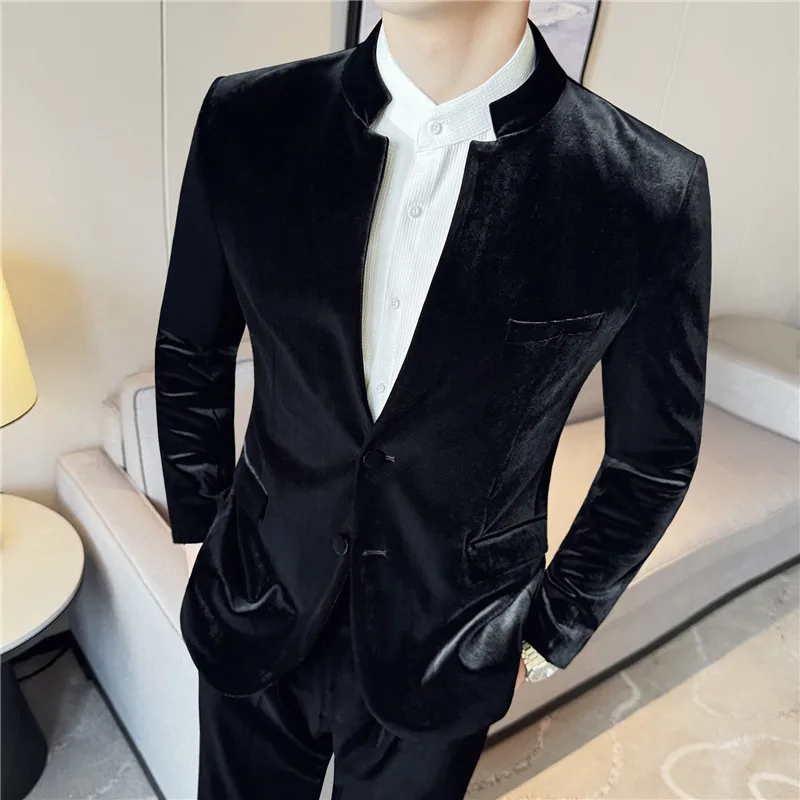 Chinese Style High-end Stand Collar Velvet Casual Suit Jacket for Men's Autumn Winter Thick Blazers Casual Business Dress Coats
