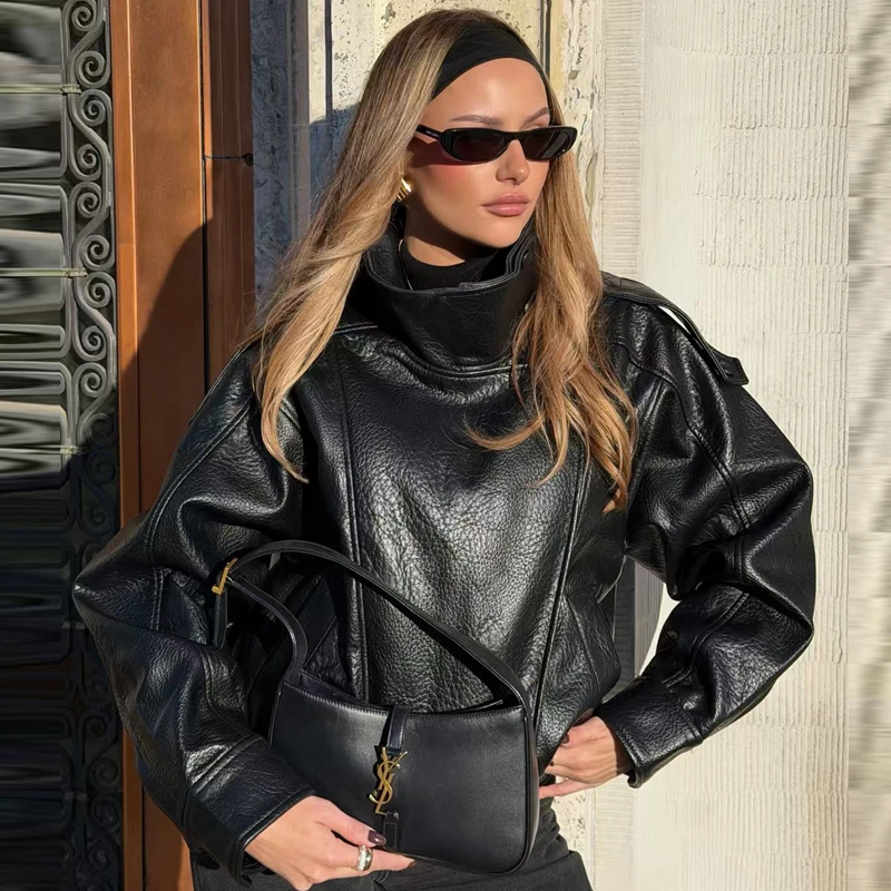 HXAO Faux Leather Black Jackets For Woman