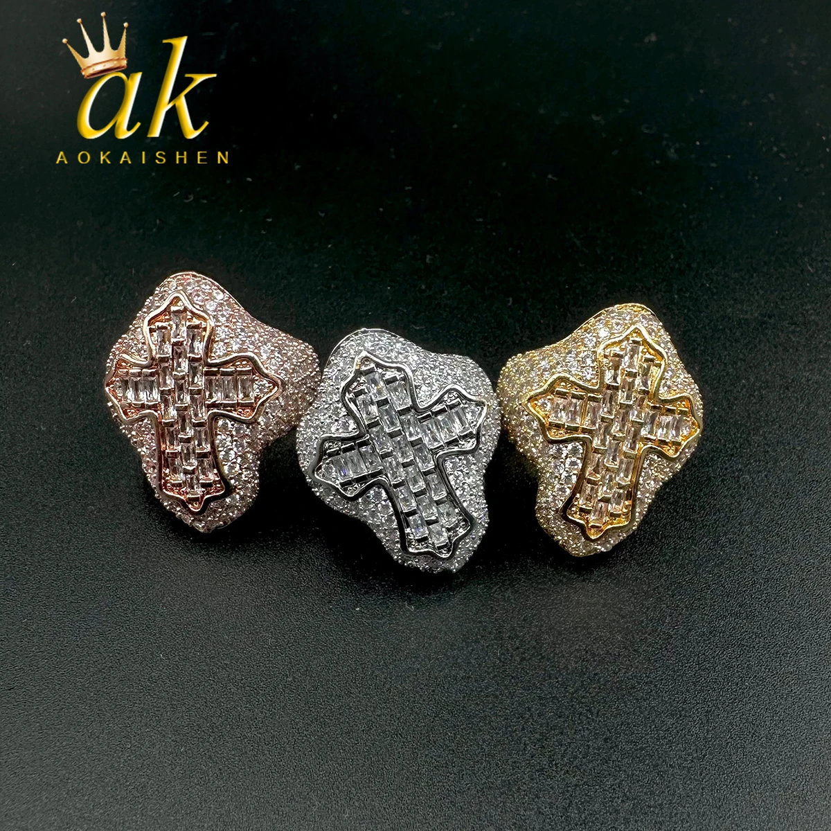 

Aokaishen Cross Finger Ring Full Iced Out Zircon Prong Cubic Zirconia Fashion Luxulry Women Hip Hop Jewelry