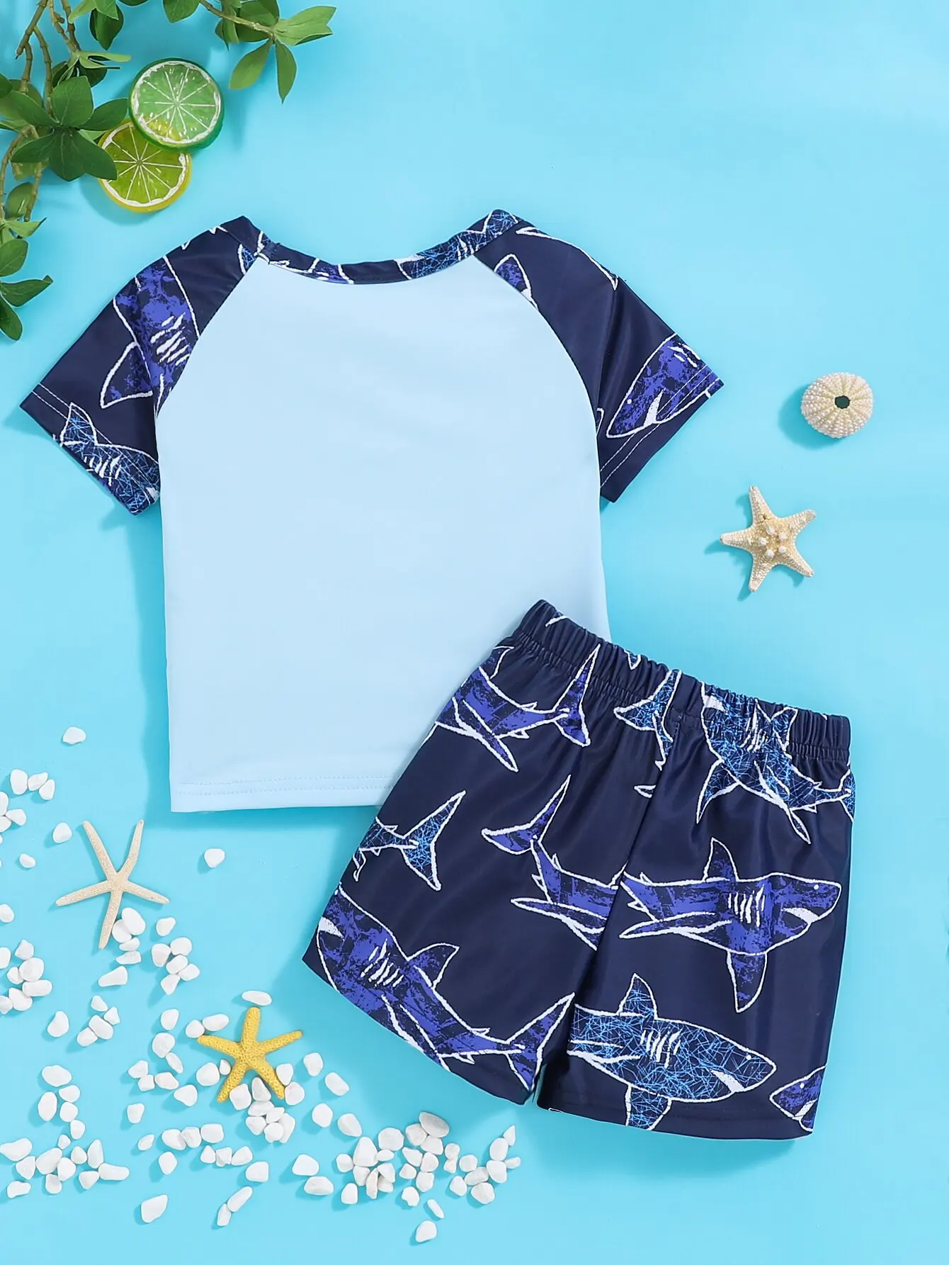 Kids Swimsuits 2pieces Baby Boy Summer Travel Beach Swimsuit Comfortable Soft Breathable Casual Fashion Shark Print Short Sleeve Shorts Set