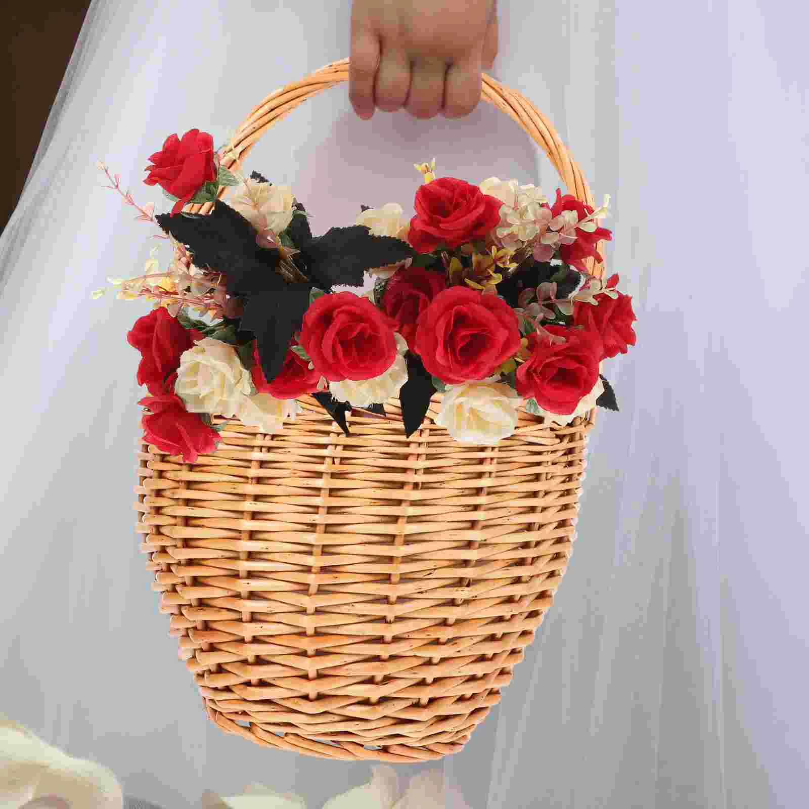 

Wicker Picnic Basket Wedding Flower Girl Portable Fruit Household Storage Handwoven Vintage Decor