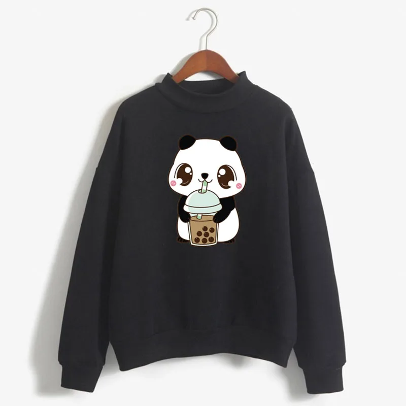 

Little Panda Drinking Milk Tea Print Women Sweatshirt Korean O-neck Knitted Pullover Thick Autumn Candy Color Lady Clothing