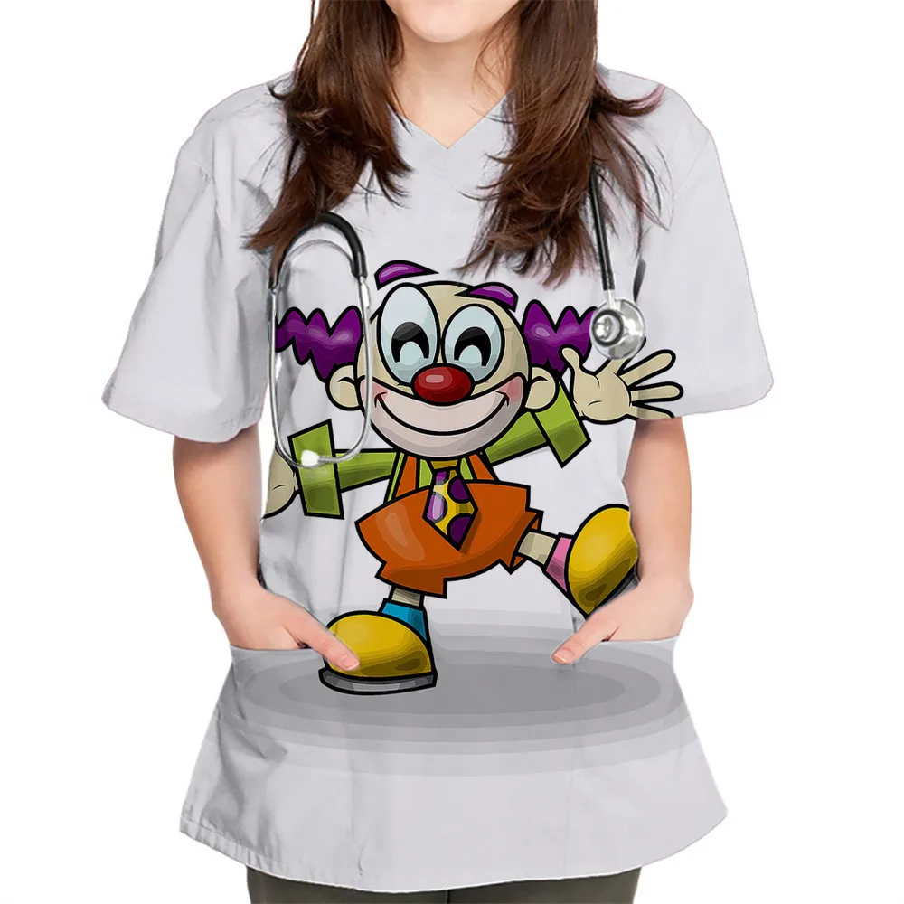 

Cartoon 3D Print Nurse Uniform Women Short Sleeve V-neck Tops Pocket Print Healthcare Pet Clinic Carer Workwe