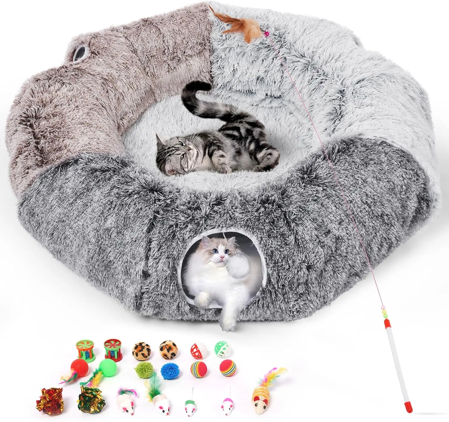 Large Cat Tunnel with Warm Bed & 20 Toys – Detachable Indoor Play Cave for Kittens