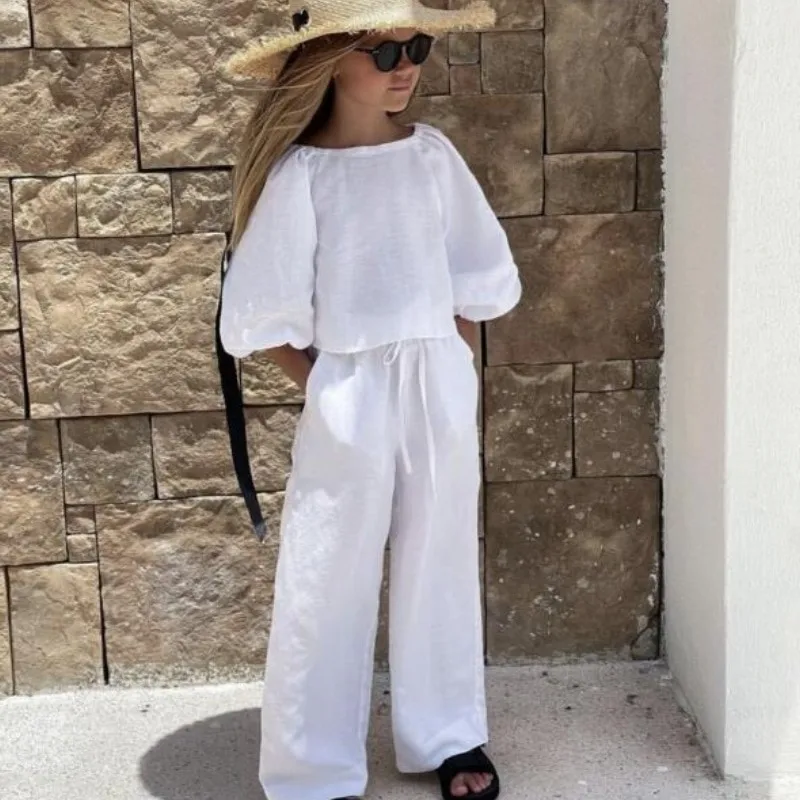 Set di vestiti in cotone di lino per neonata camicia + pantalone 2 pezzi Set di abbigliamento per bambini per neonati in tinta unita vestiti per bambini primaverili 1-7Y