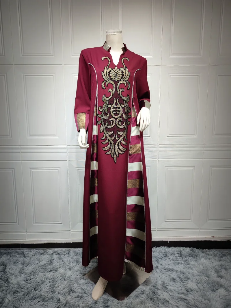 Islam Abaya Dress for Women, Beaded Embroidery Robe, Musulmane, Spliced Stripe Women's Dress for Middle East Arabia