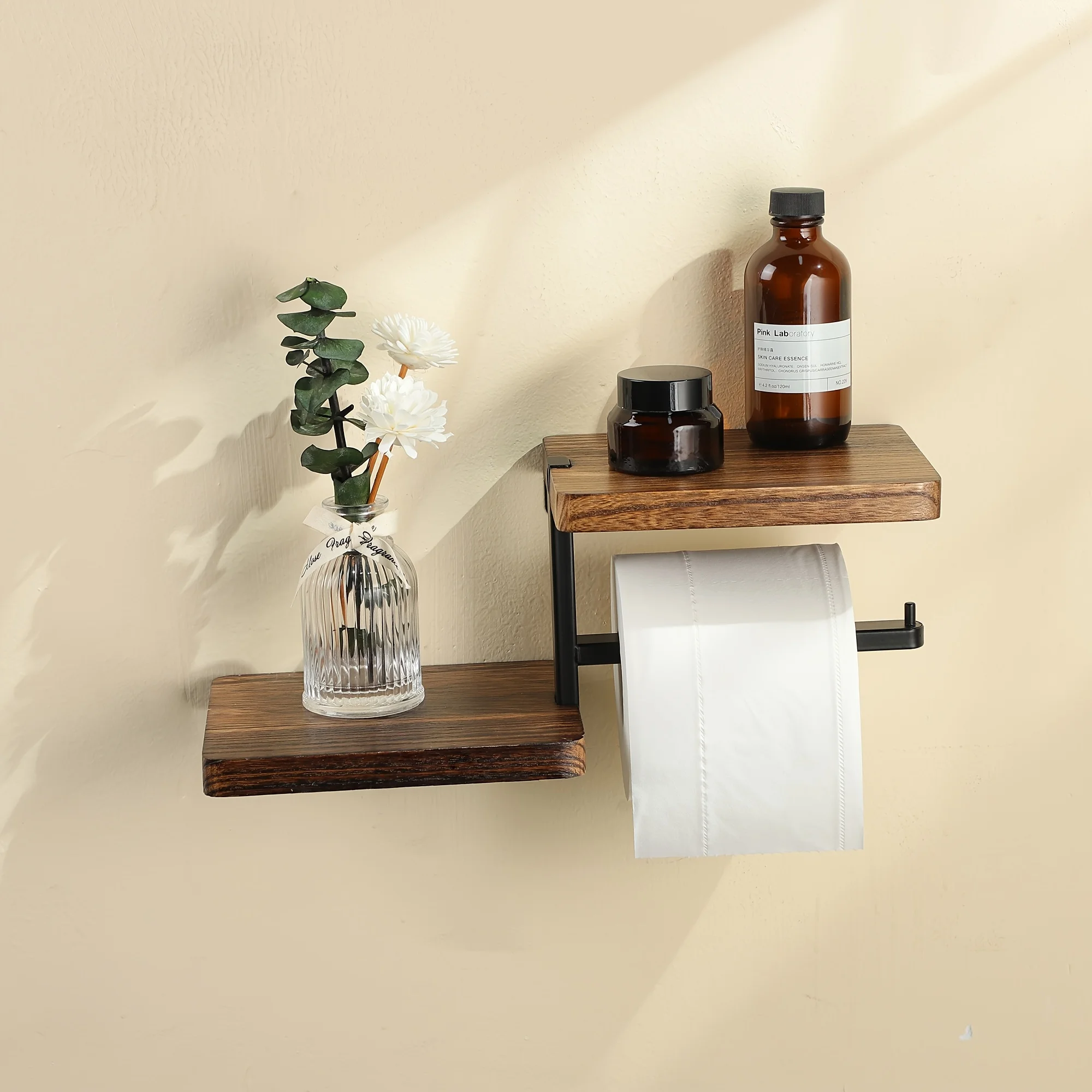 Wall-mounted wooden holder showing installation on bathroom wall
