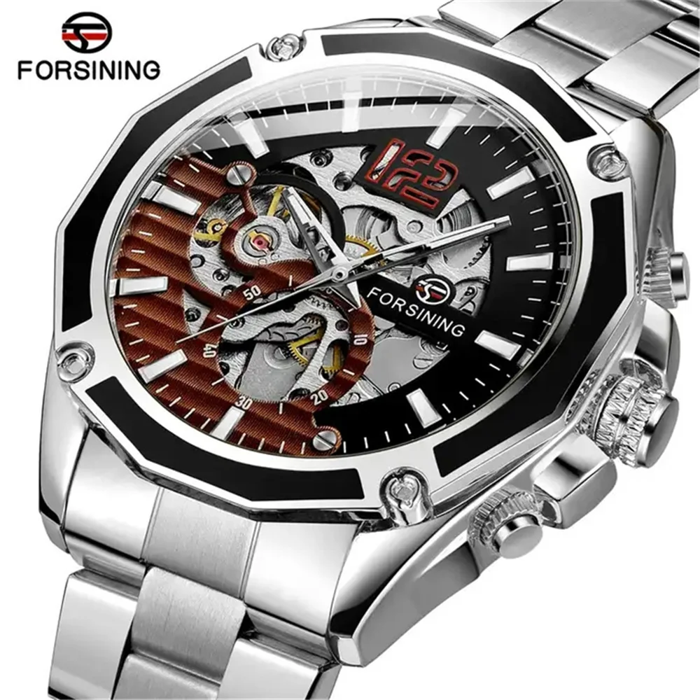 FORSINING Orologio Meccanico Da Uomo Automatico Quadrante Ottagonale Diamanti | Cinturino In Pelle, Scheletro, Lusso