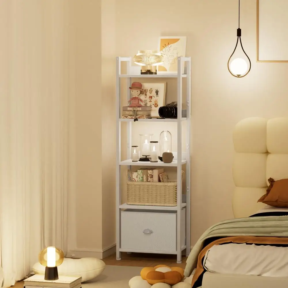 5 Tier Ladder Bookcase Open Shelf with Removable Fabric Drawer Sturdy Metal Frame Adjustable Shelves Living Room Office Storage 3