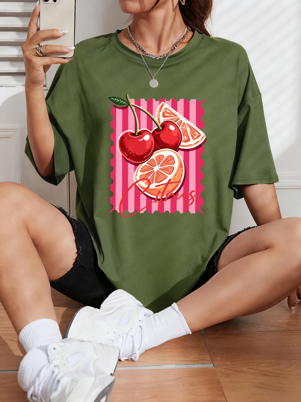 Red Cherry Citrus Print Oversized Cotton Women's Summer Top - Casual Soft O-Neck Short Sleeve T-Shirt
