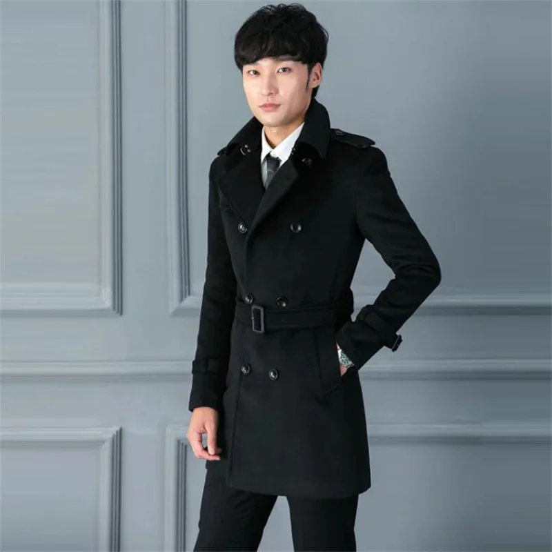 

Autumn Winter Woolen Coat Men'S Middle Long Double-Breasted Casual European American Pure Color Simple Slim Windbreaker Black