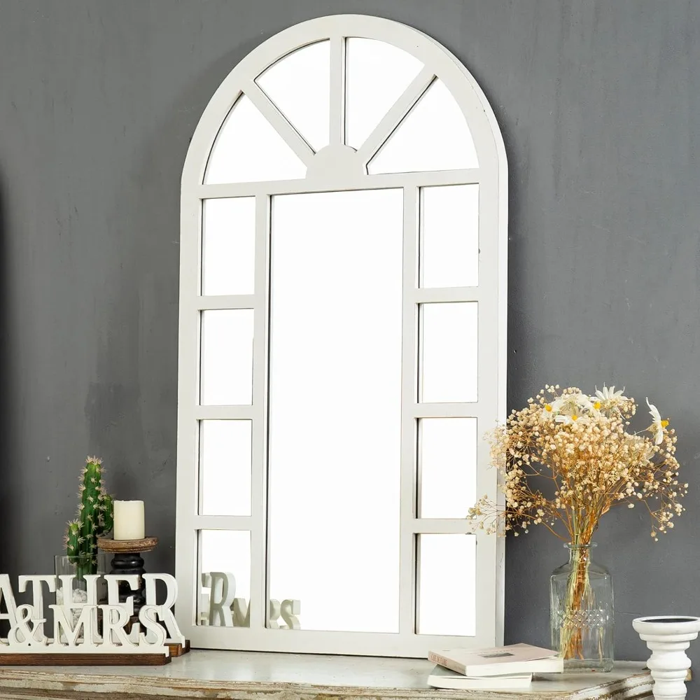 Rustic Wooden Arched Window Mirror 24x40" Distressed White Farmhouse Wall Decor for Living Room Bedroom