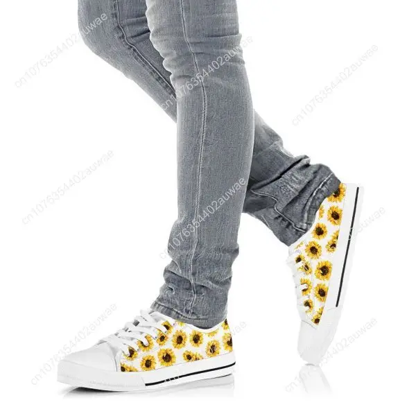 Classic Yellow Flower Sunflower Printing Canvas Shoes Women Daily Outdoor Light Sneakers Black White Flats For Teens