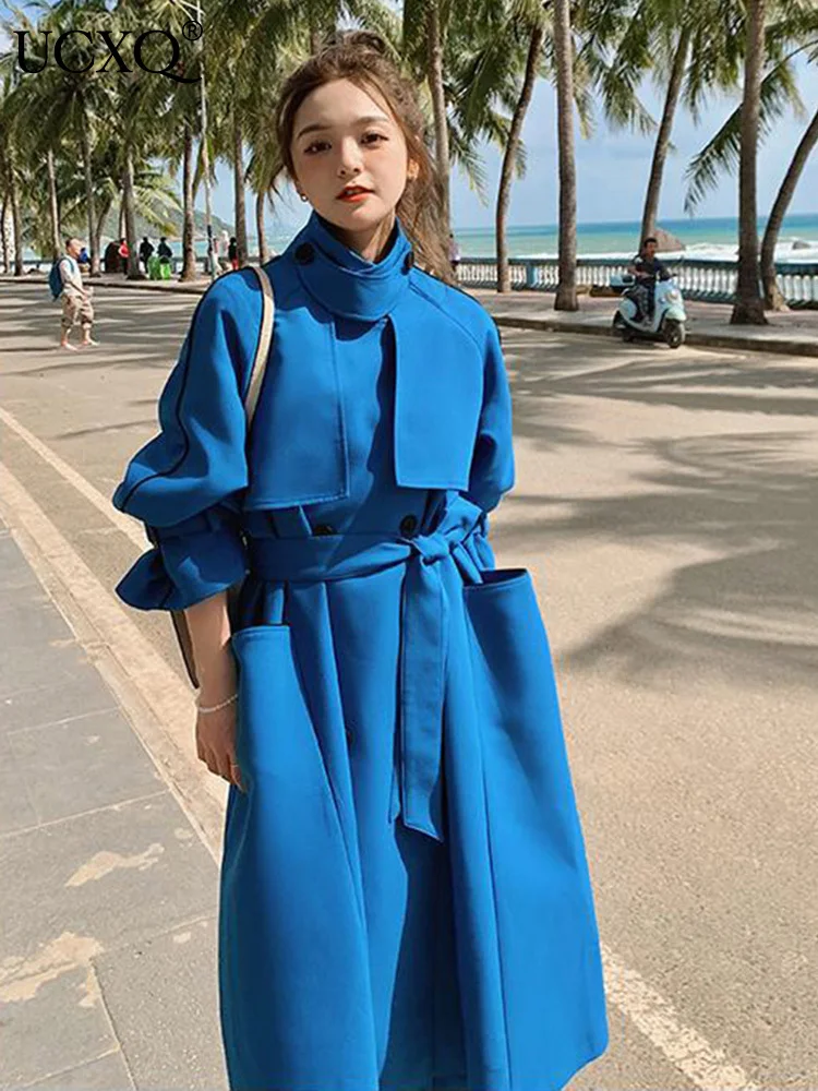 

UCXQ Solid Straight Trench Coats Women Winter 2023 Streetwear Korean Windbreaker Harajuku Loose Jacket Outerwear Flood Overcoat