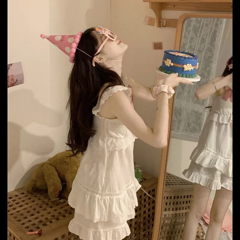 Cute Women's Pajamas Set of New Spring and Summer Korean Elegant Leisure Students Bow Sling Sleepwear Homewear Women's Clothing