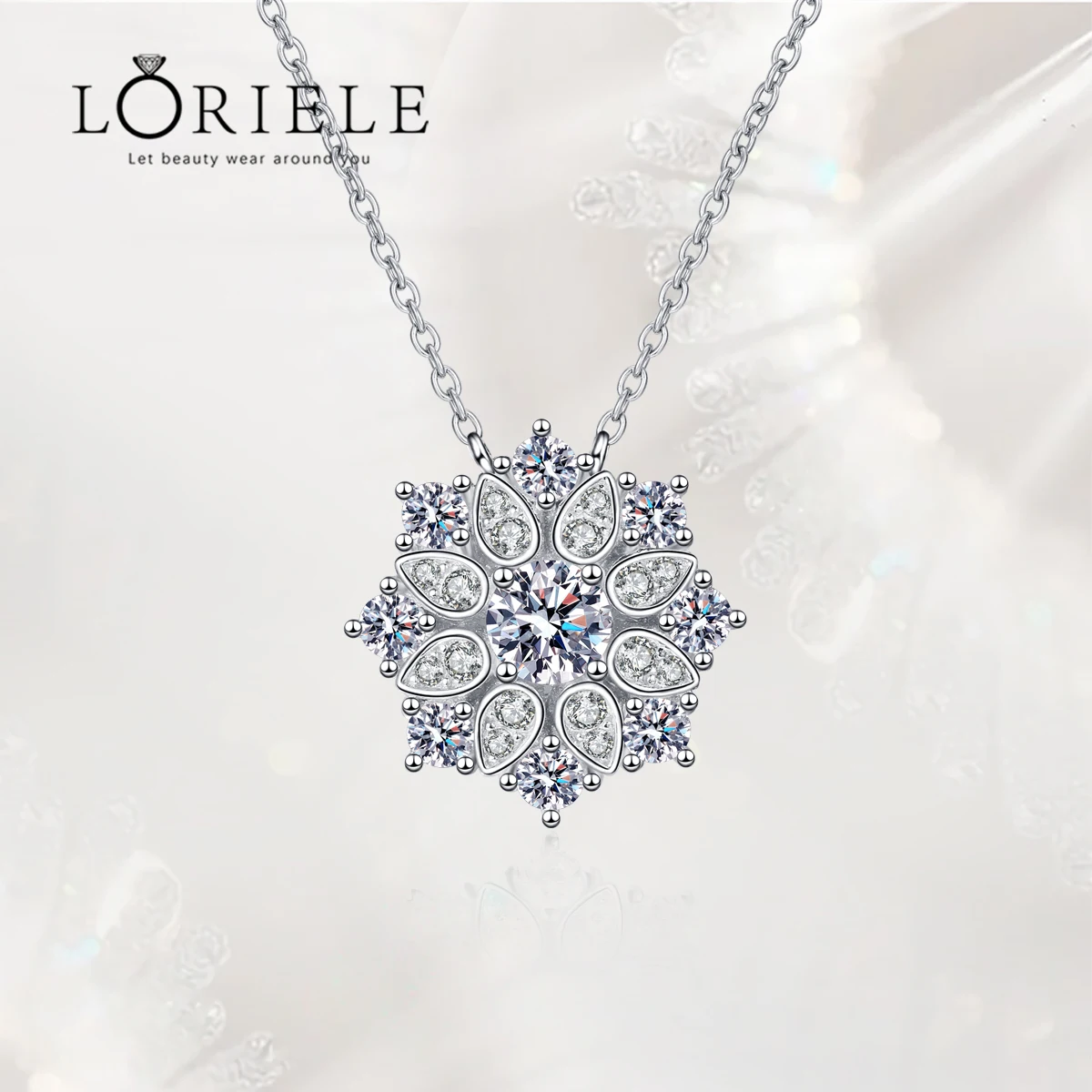 

LORIELE Sunflower Moissanite Necklace for Women VVS Brilliant Diamond Halo Pendent Necklaces 925 Sterling Silver Wedding Jewelry