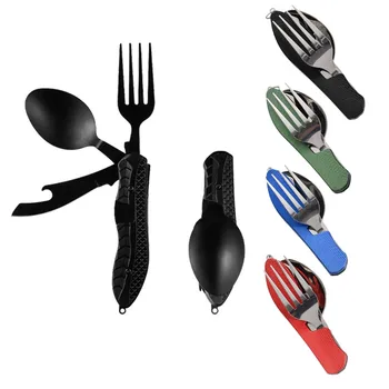Outdoor Camping Portable Stainless Steel Foldable Spoon Fork Knife Bottle Opener Combo Set Cutlery Home Multitool Tableware