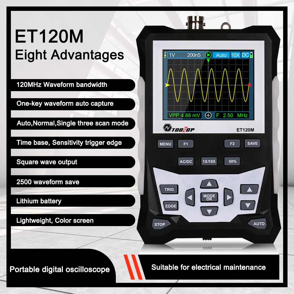 

ET120M DS0-TC2 Digital Oscilloscope 120MHz Bandwidth 500MSa/s Sampling Rate HD 2.4 Inch TFT with Backlight Waveform Storage