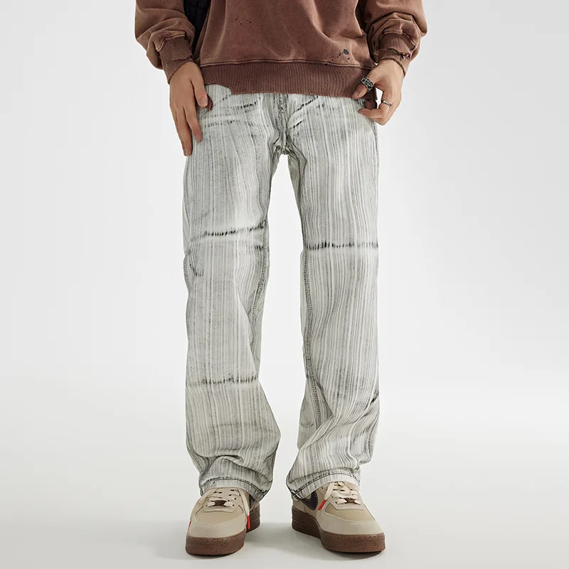 

vintage do old splash-ink loose jeans men high street autumn and winter pants