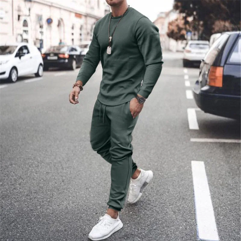 Sportswear Sumer Men's Set Solid Color Tracksuit Sports Suits Male Sweatsuit Long Sleeves T shirt +Pants Printing 2 pc sets