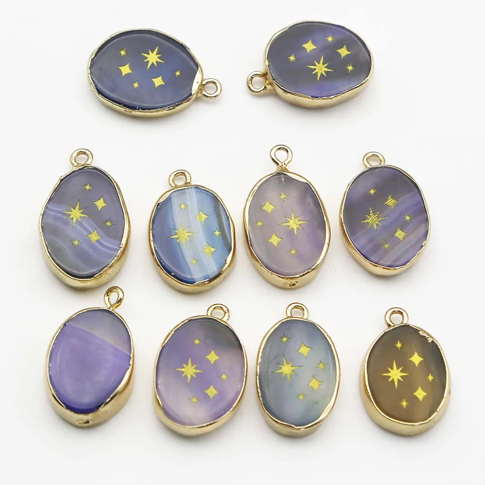Natural Agate Jade Blue Crystal Powder Crystal Oval Star Pendant Necklace Fashion Charm Jewelry Accessories Gift Wholesale 10Pcs