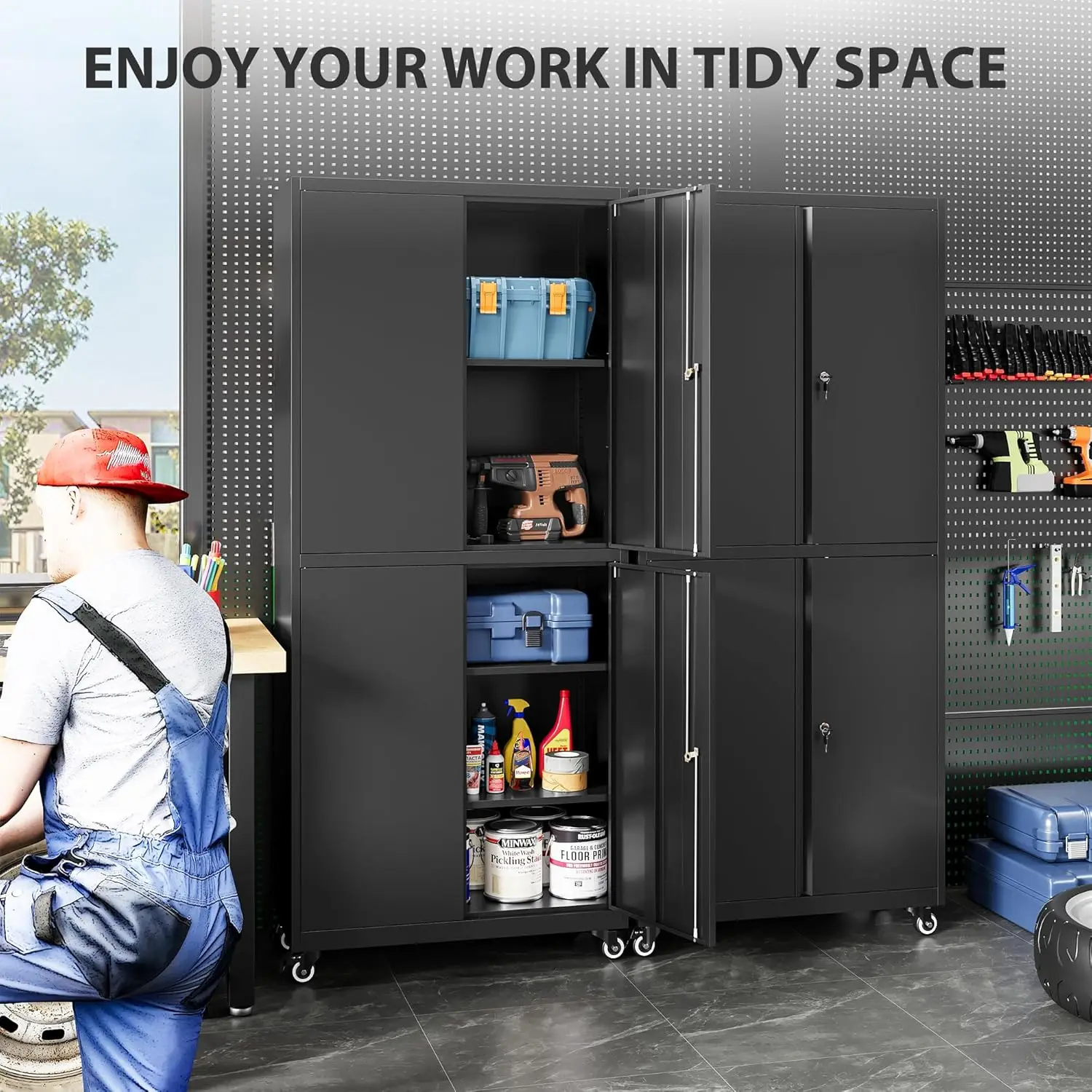 Tool Metal Storage Cabinet with Wheels Rolling Garage Storage Cabinet with Lock Black Metal Cabinet with Shelves 2