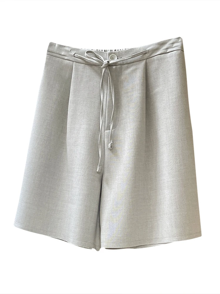 [LANMREM] Drawstring Design High Waist Shorts For Women Gray Straight Loose Office Lady Clothing 2024 Summer New 26D8790