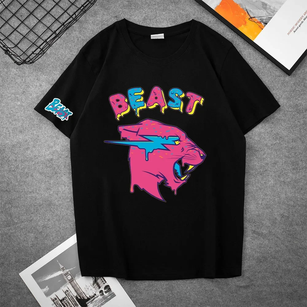 thumbnail image 1 of Camiseta de manga corta en blanco y negro de Mr Beast, de algodón de alta calidad, con cuello redondo y diseño de dibujos animados impresos para hombres y mujeres, 1 of 5