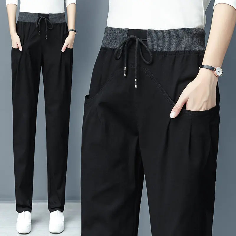 Spring Autumn Solid Color Elastic Waist Straight Pants Women High Street Casual Pocket Drawstring Pure Cotton All-match Trousers